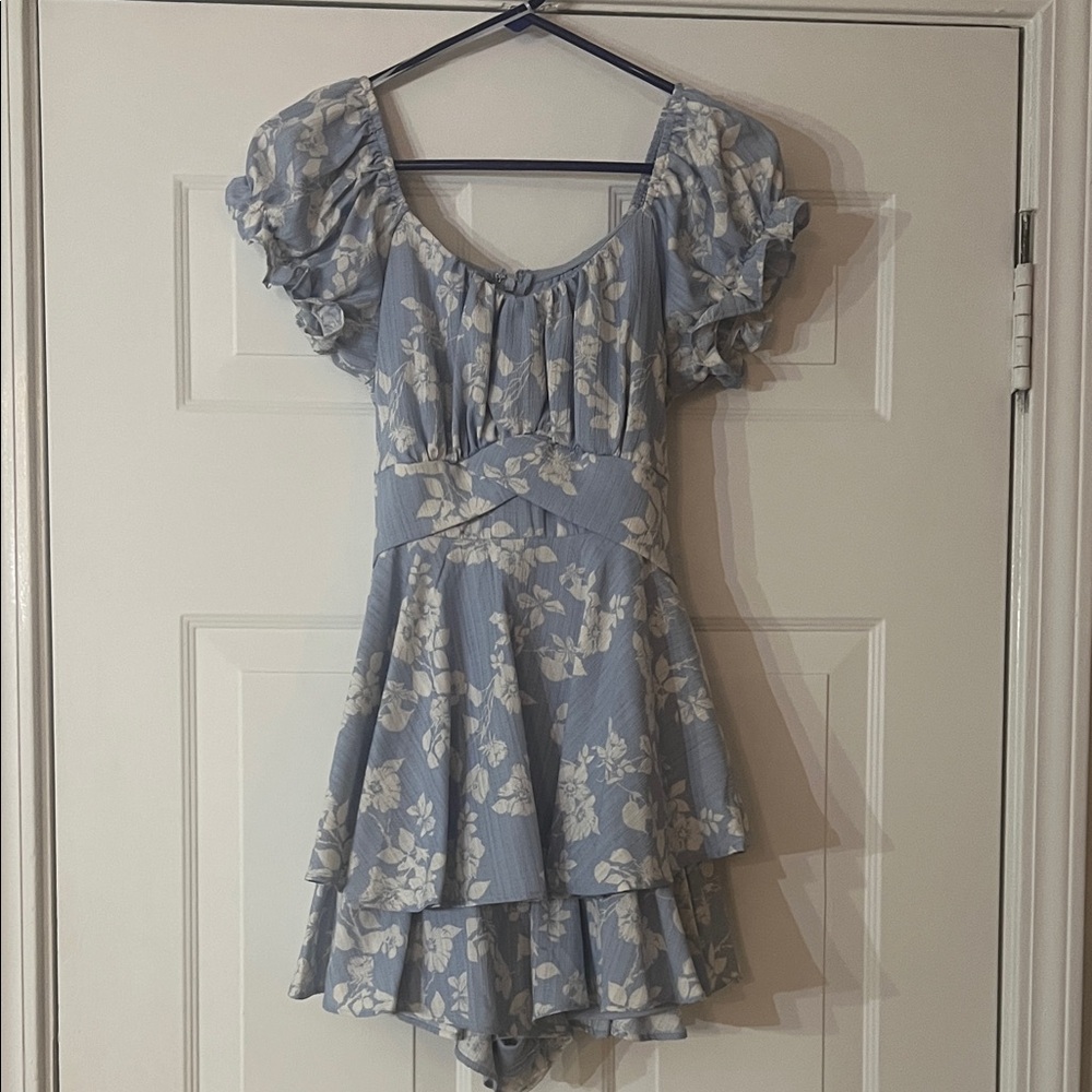Floral Puff-Sleeve Mini Dress in Light Blue